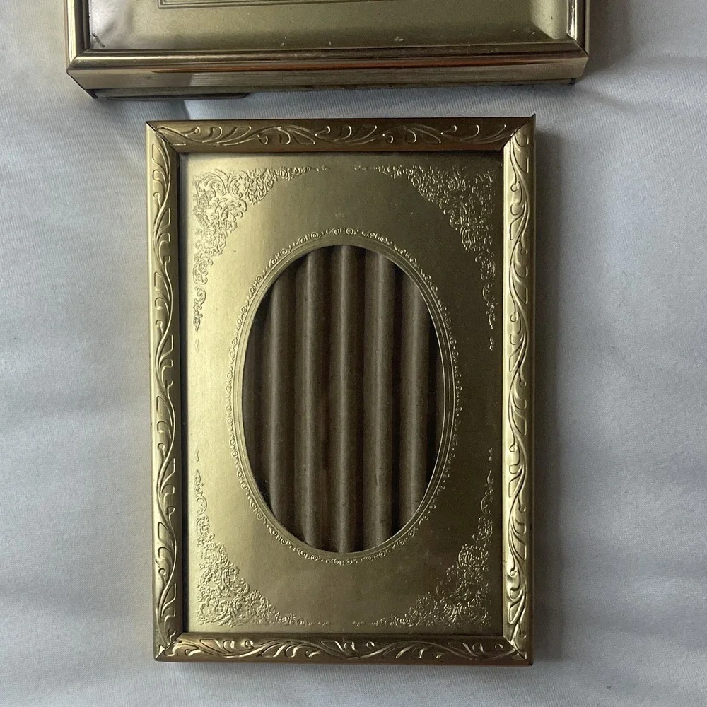 Set of 2 Gold Metal Ornate Floral Photo Frames , Stand